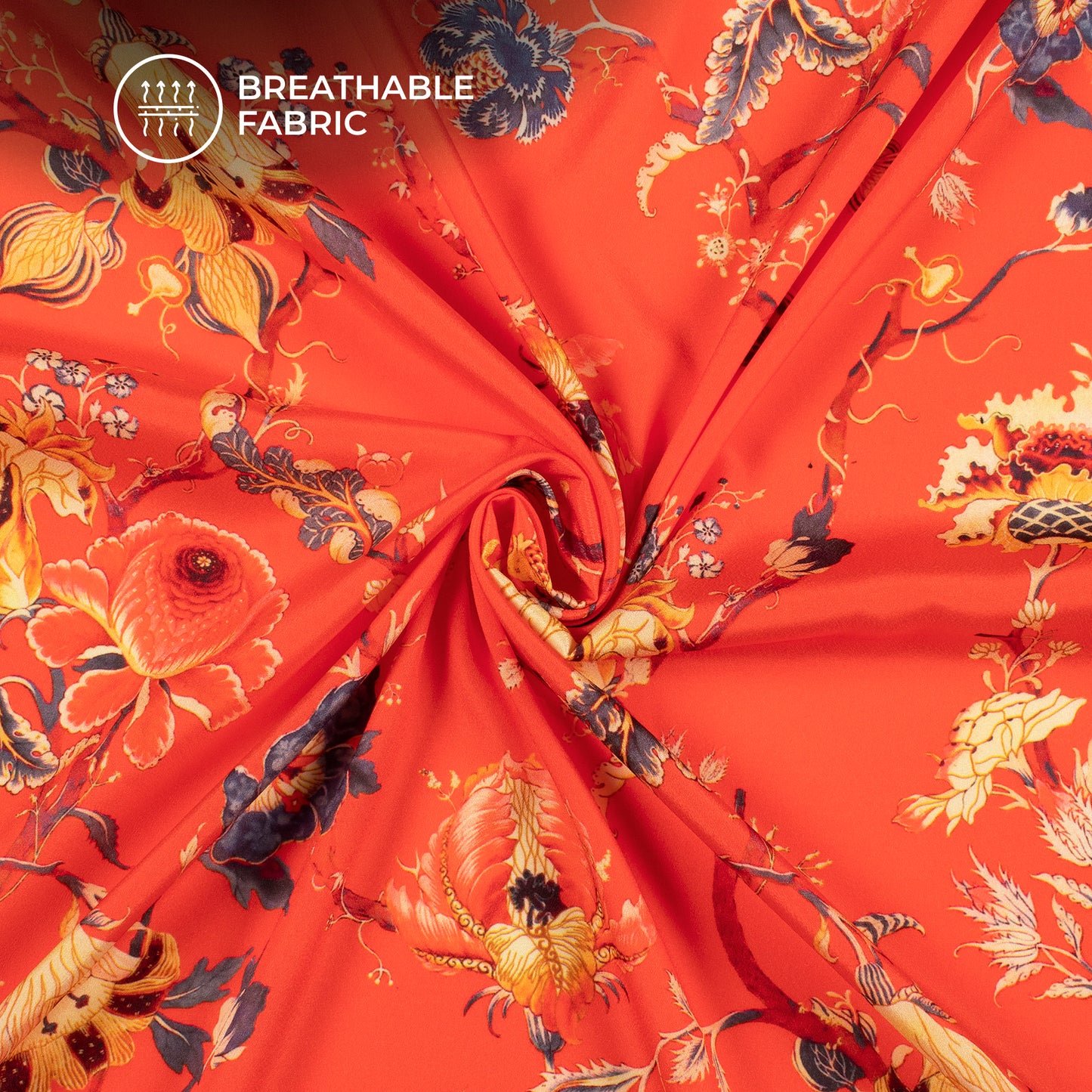 Orange Red Yellow Floral Pattern Digital Print Crepe Silk Fabric