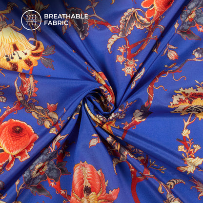 Royal Blue Floral Pattern Digital Print Crepe Silk Fabric