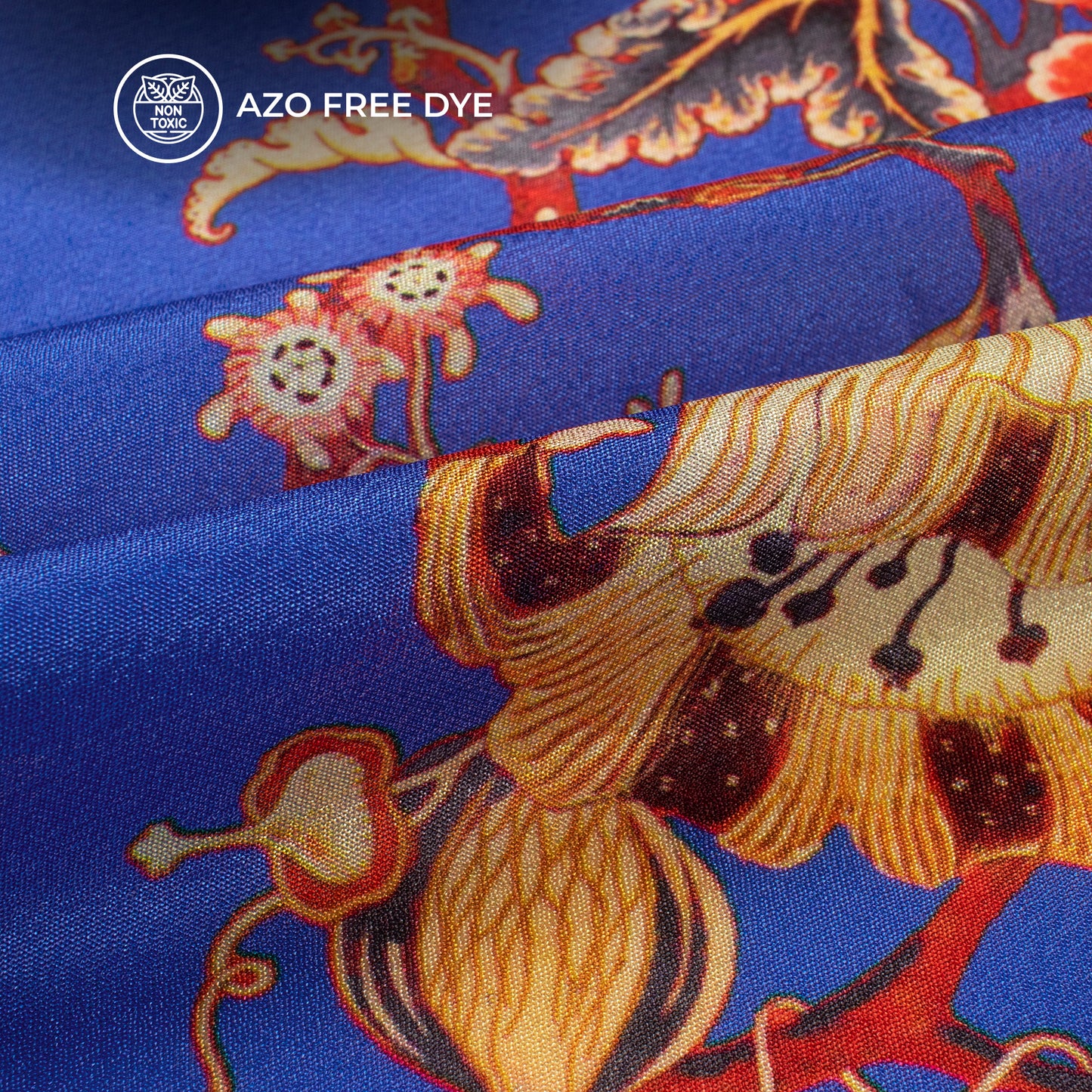 Royal Blue Floral Pattern Digital Print Crepe Silk Fabric