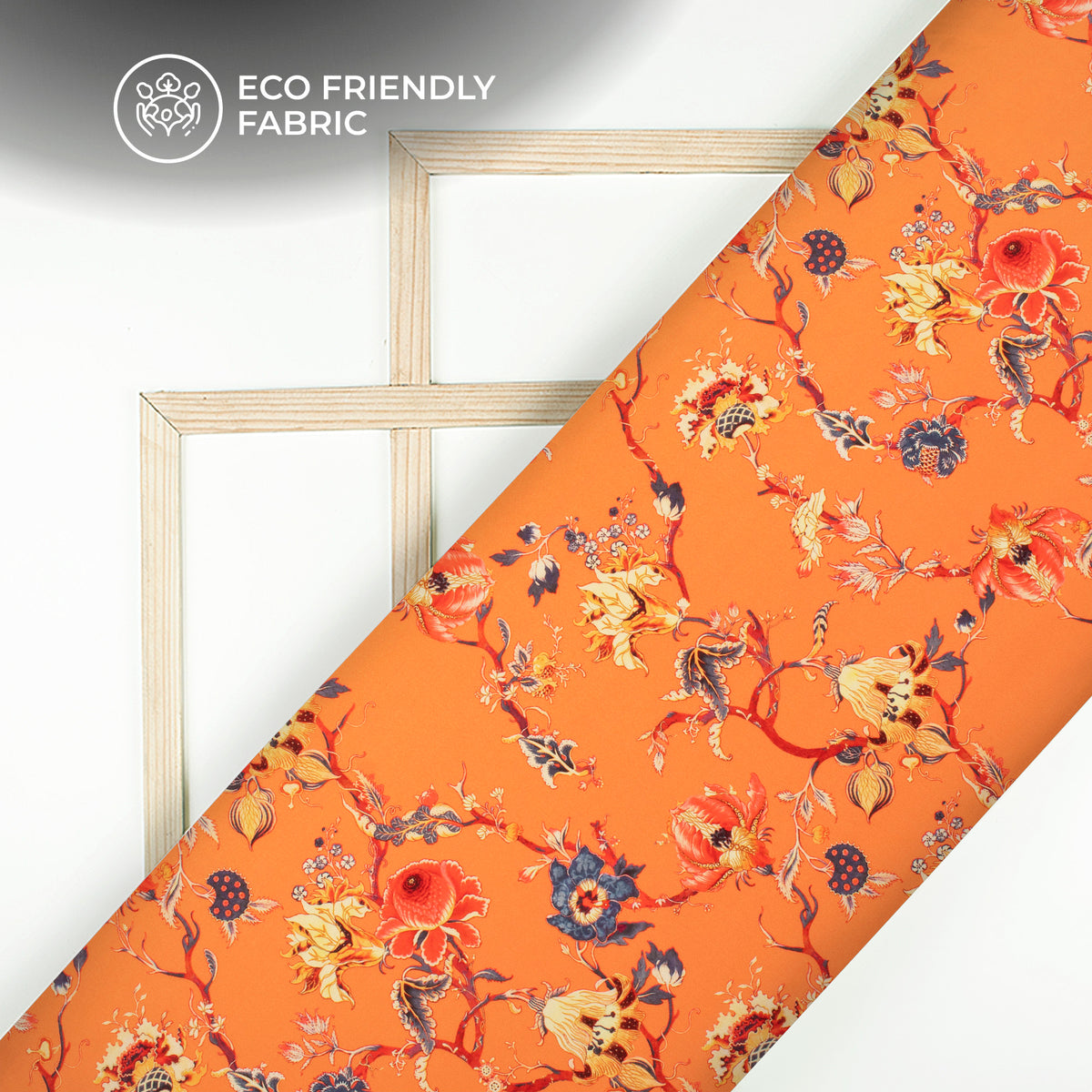 Orange Floral Pattern Digital Print Crepe Silk Fabric