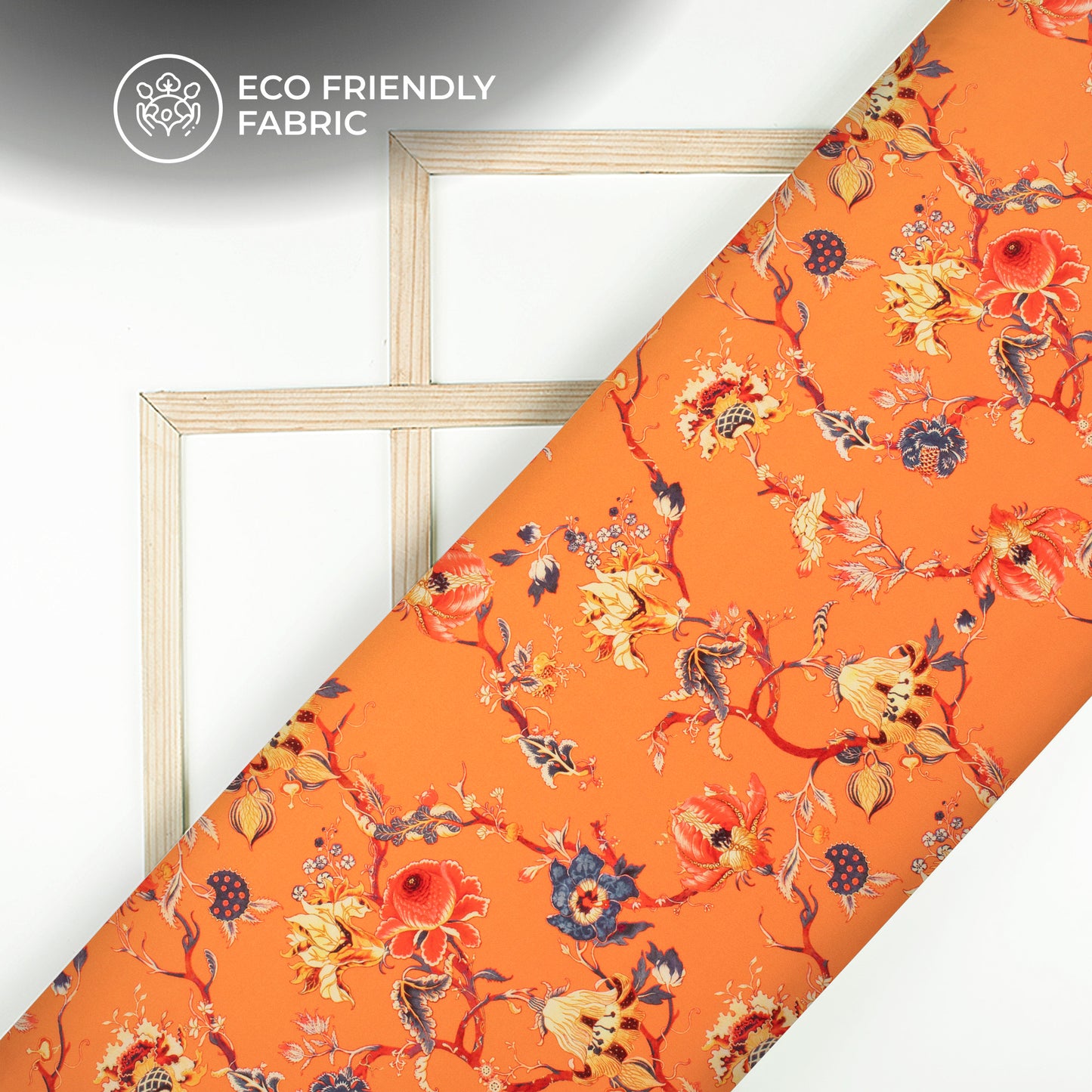Orange Floral Pattern Digital Print Crepe Silk Fabric