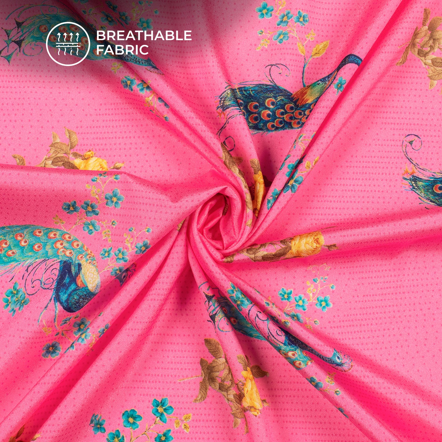 Pink Peacock Pattern Digital Print Crepe Silk Fabric