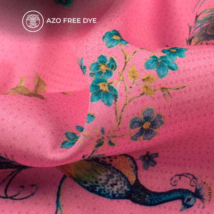 Pink Peacock Pattern Digital Print Crepe Silk Fabric
