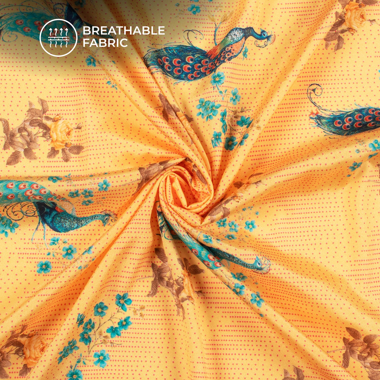 Amber Yellow Peacock Pattern Digital Print Crepe Silk Fabric