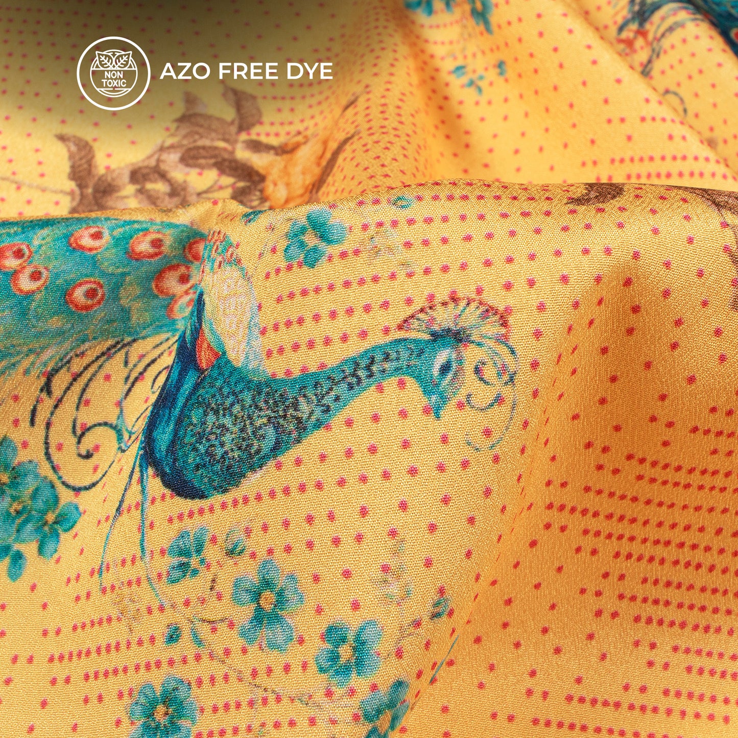 Amber Yellow Peacock Pattern Digital Print Crepe Silk Fabric