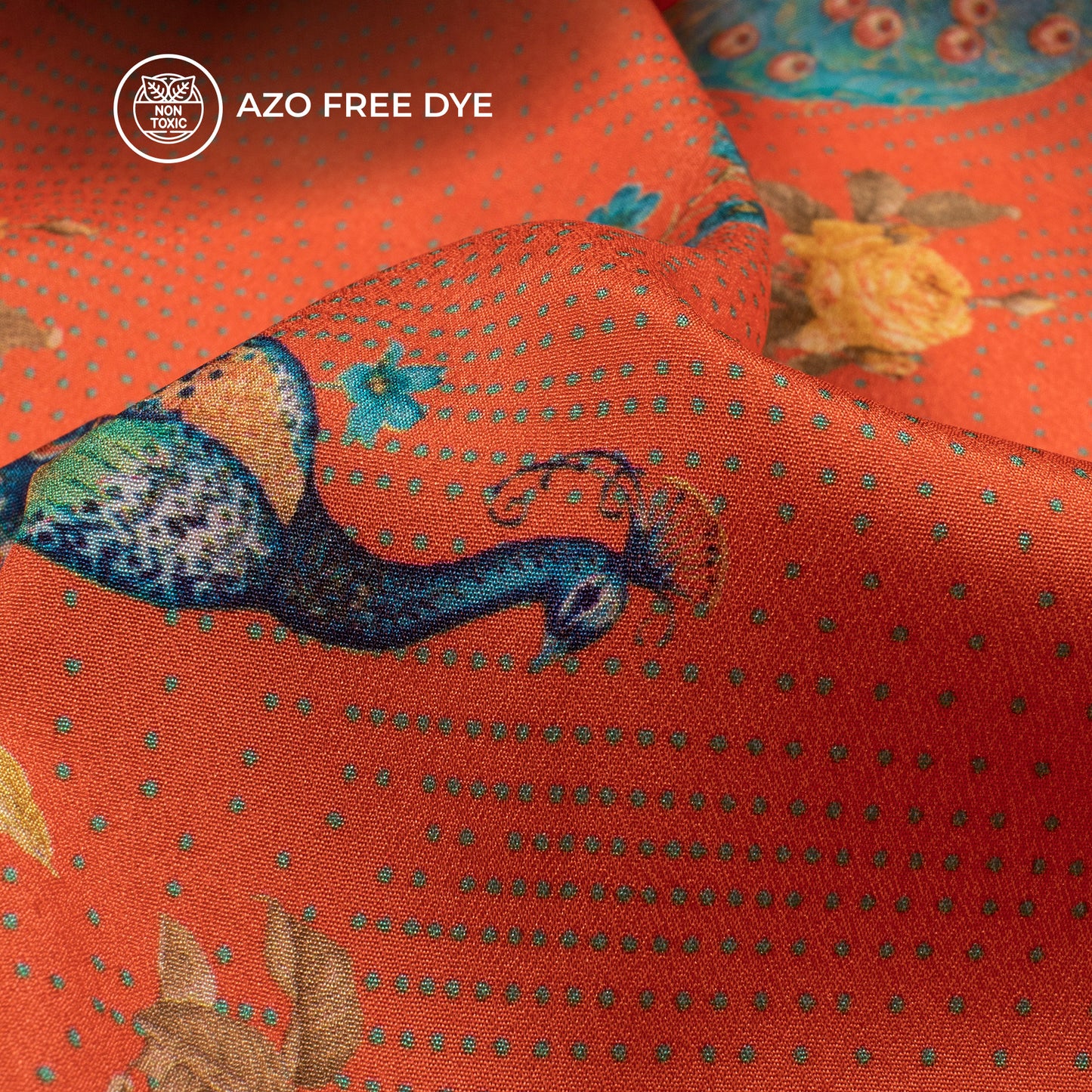 Orange Soda Peacock Pattern Digital Print Crepe Silk Fabric