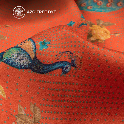 Orange Soda Peacock Pattern Digital Print Crepe Silk Fabric