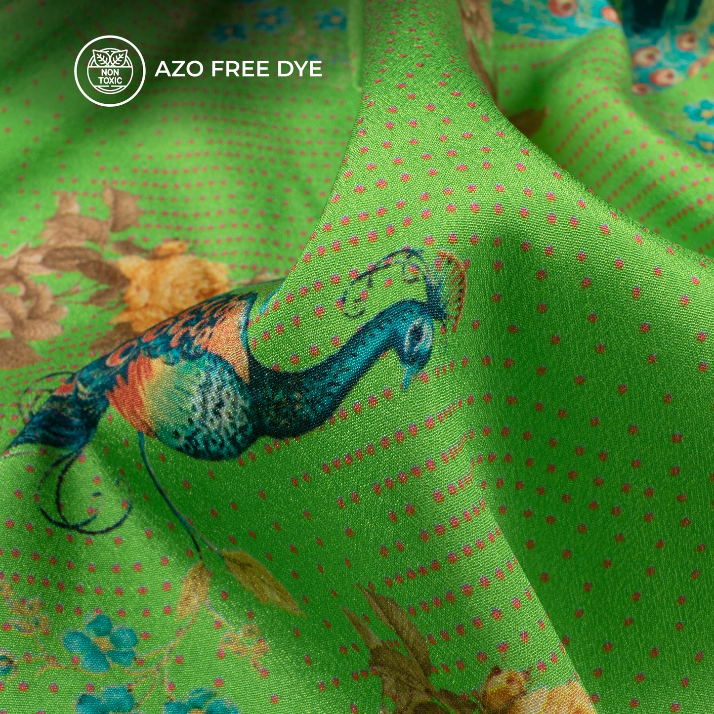 Kelly Green Peacock Pattern Digital Print Crepe Silk Fabric
