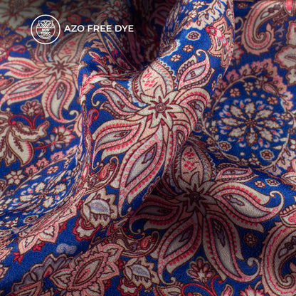 Royal Blue And Fiery Rose Floral Pattern Digital Print Crepe Silk Fabric