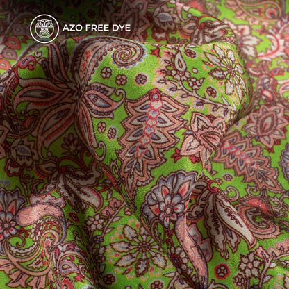Kelly Green And Light Pink Floral Pattern Digital Print Crepe Silk Fabric