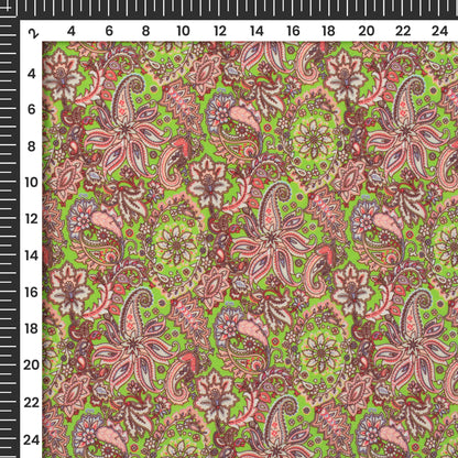 Kelly Green And Light Pink Floral Pattern Digital Print Crepe Silk Fabric