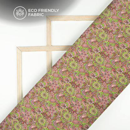 Kelly Green And Light Pink Floral Pattern Digital Print Crepe Silk Fabric