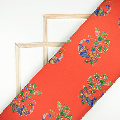 Vermillon Red Madhuvanii Jacquard Booti Art Silk Fabric (Width 56 Inches)
