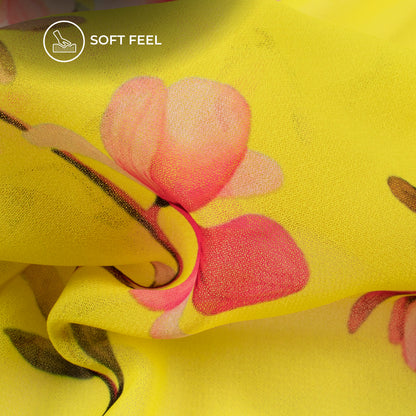 Lemon Yellow Floral Digital Print Georgette Fabric