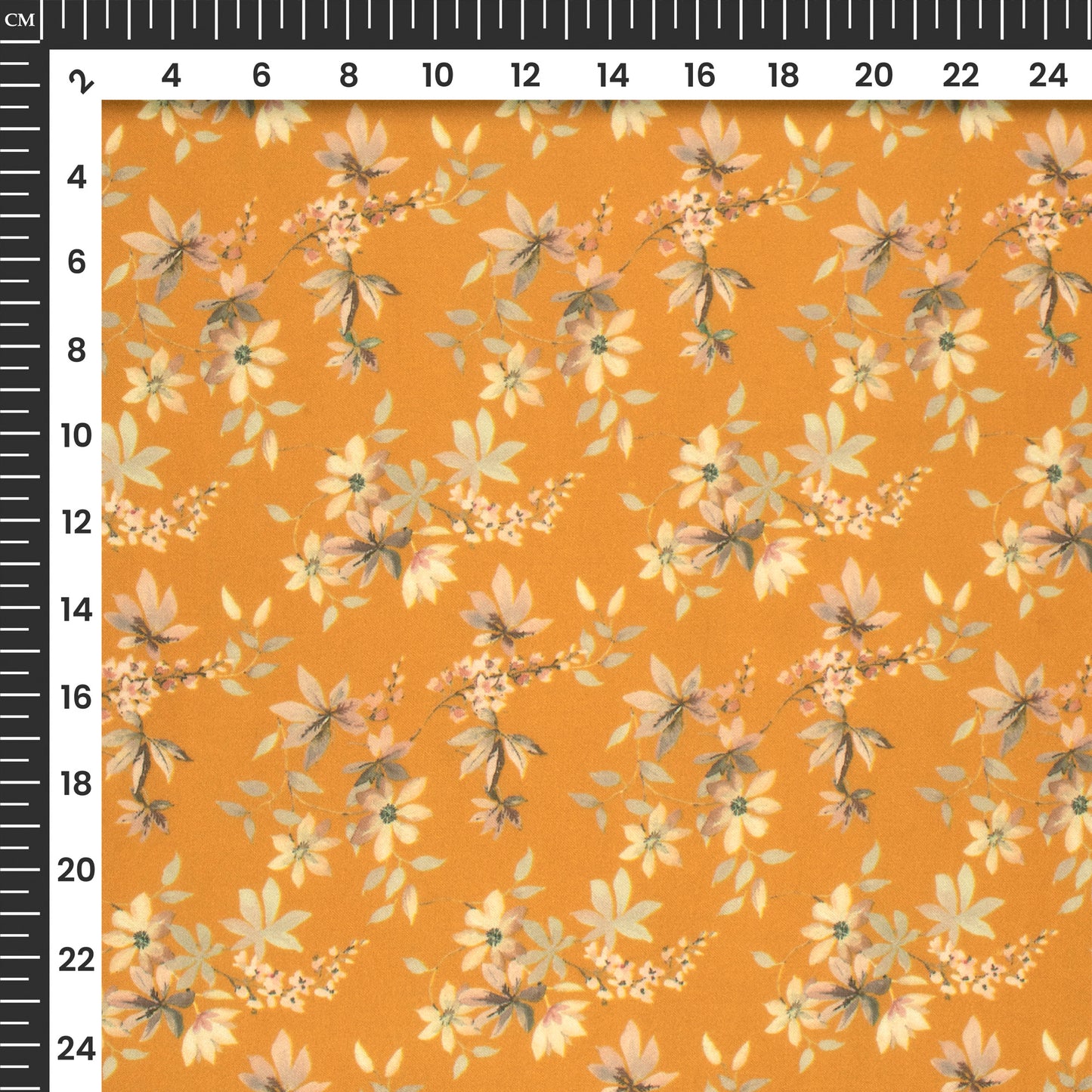 Ochre Yellow Floral Digital Print Georgette Satin Fabric