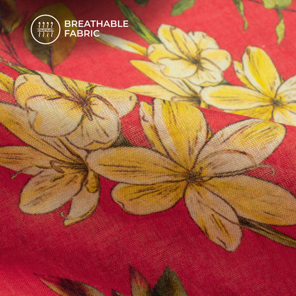 Burgundy Red Floral Digital Print Pure Cotton Mulmul Fabric