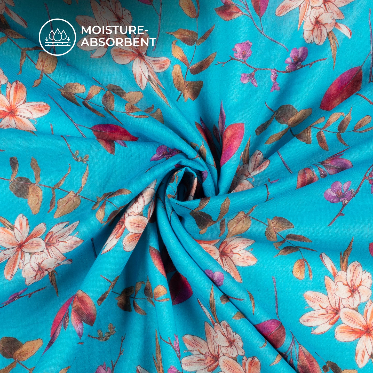 Azure Blue Floral Digital Print Pure Cotton Mulmul Fabric