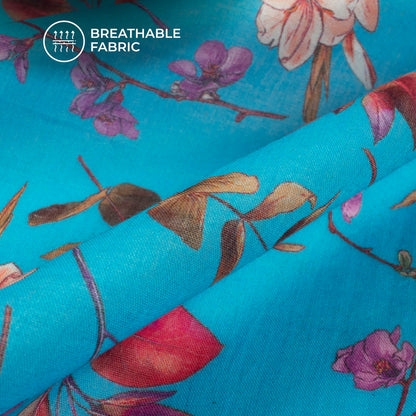 Azure Blue Floral Digital Print Pure Cotton Mulmul Fabric