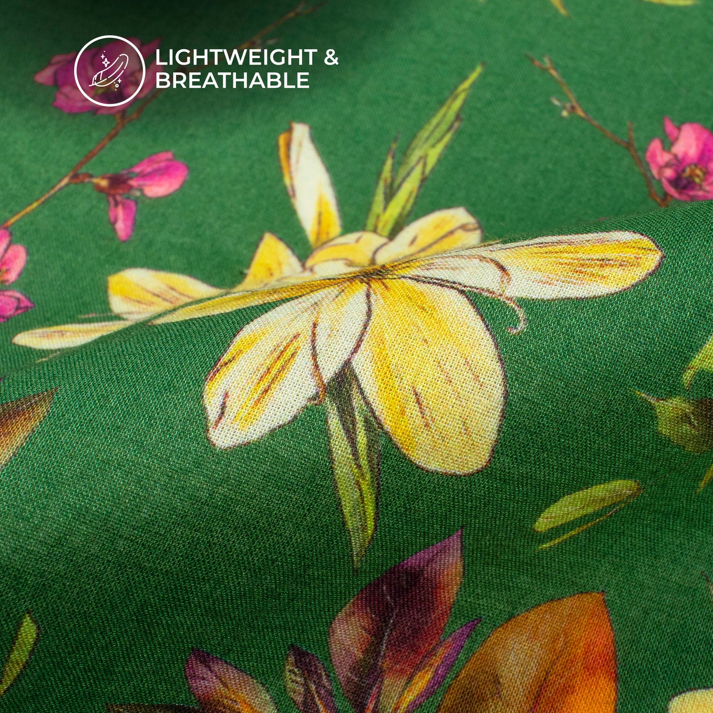 Emerald Green Floral Digital Print Cotton Cambric Fabric