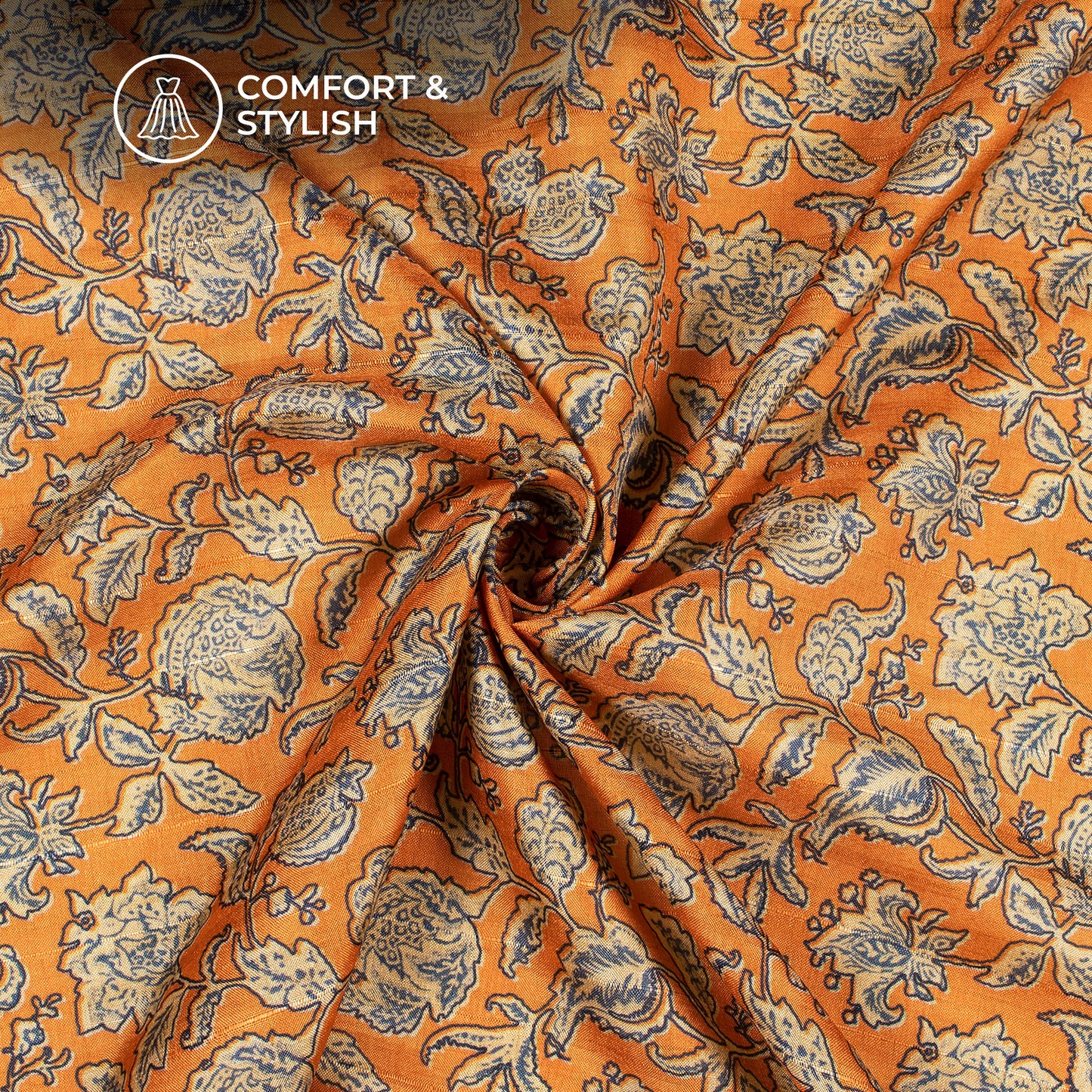 Tiger Orange Floral Digital Print Art Tusser Silk Fabric