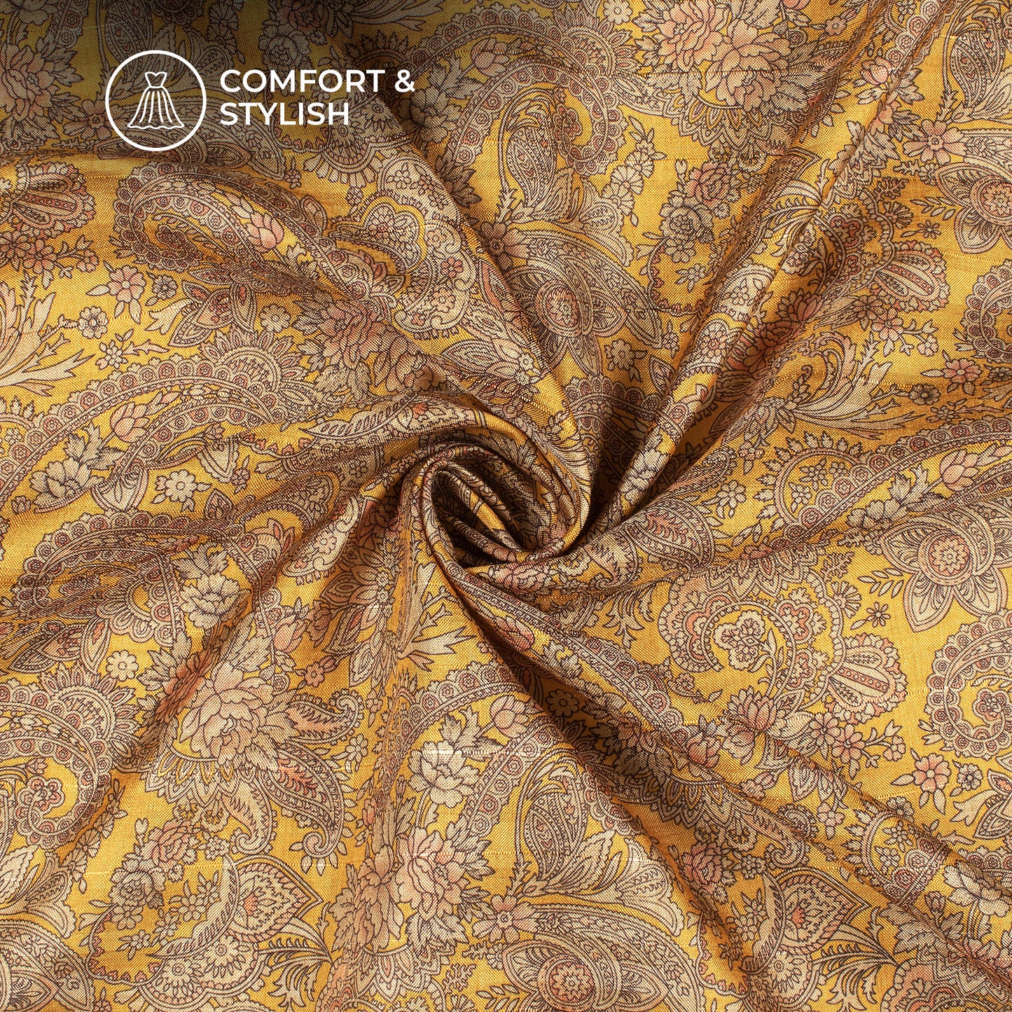 Gold Yellow Floral Digital Print Art Tusser Silk Fabric