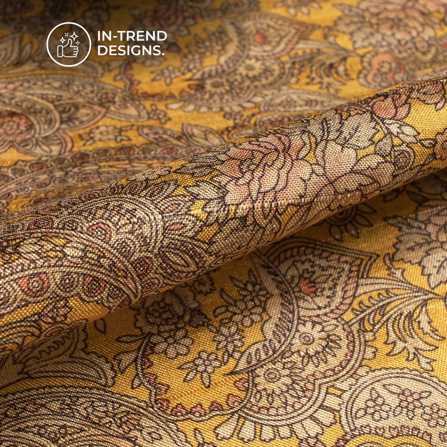 Gold Yellow Floral Digital Print Art Tusser Silk Fabric