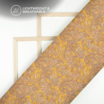 Gold Yellow Floral Digital Print Art Tusser Silk Fabric