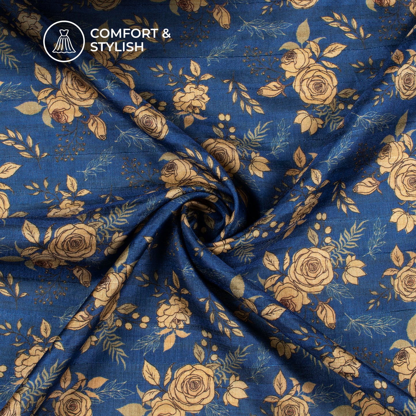 Cobalt Blue Floral Digital Print Art Tusser Silk Fabric