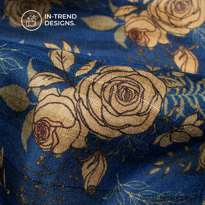 Cobalt Blue Floral Digital Print Art Tusser Silk Fabric