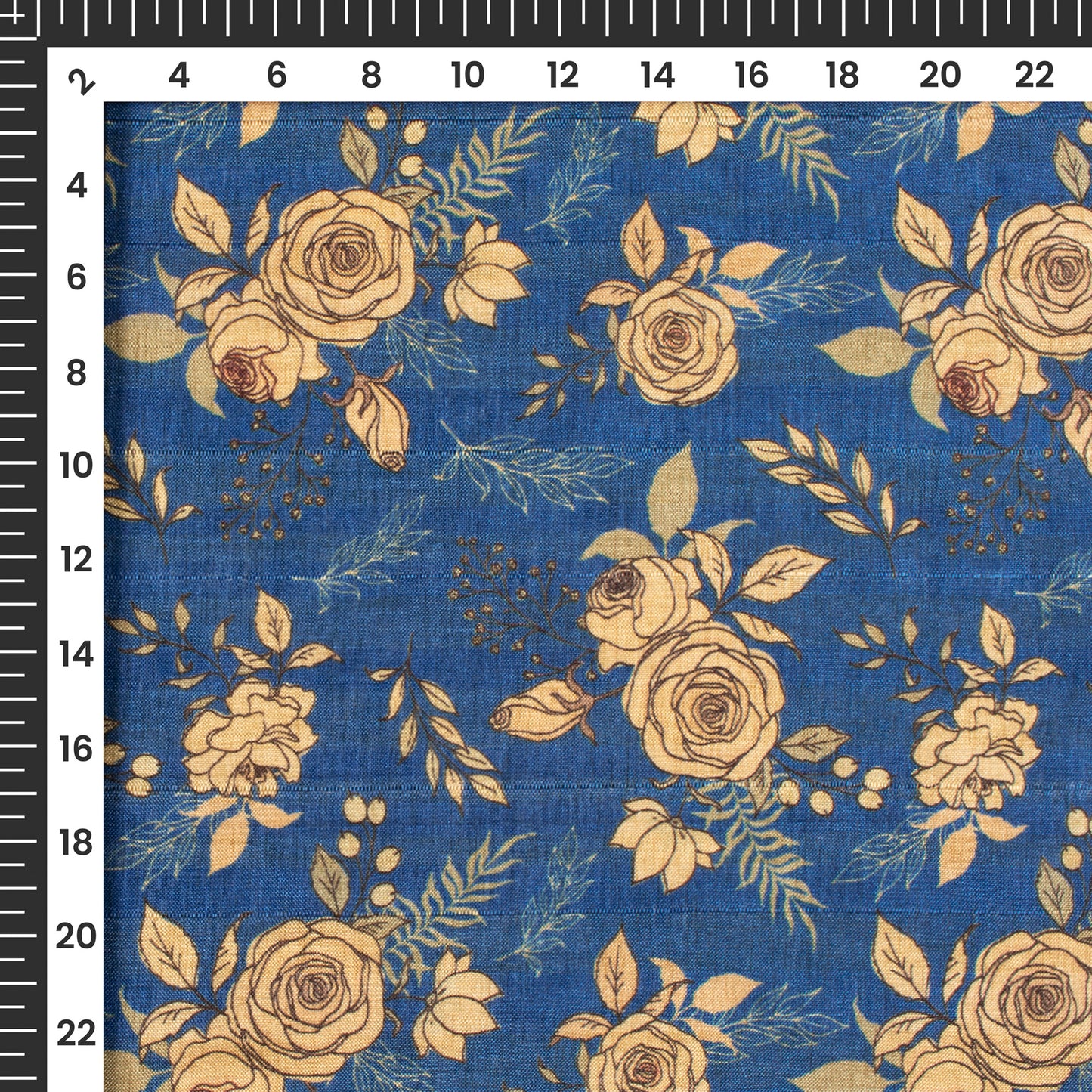 Cobalt Blue Floral Digital Print Art Tusser Silk Fabric