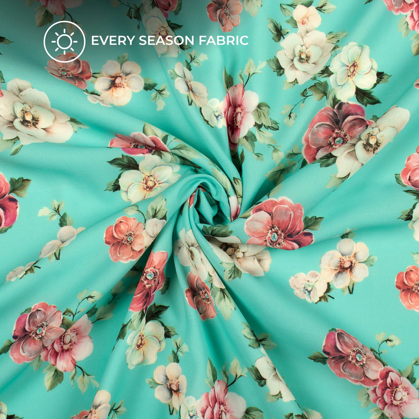 Teal Blue Floral Digital Print BSY Crepe Fabric