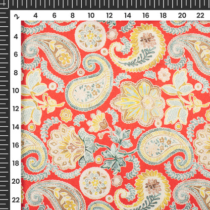 Rose Red Paisley Digital Print Charmeuse Satin Fabric (Width 58 Inches)