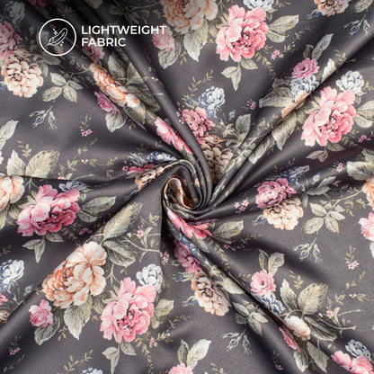 Pewter Grey Floral Digital Print Charmeuse Satin Fabric (Width 58 Inches)