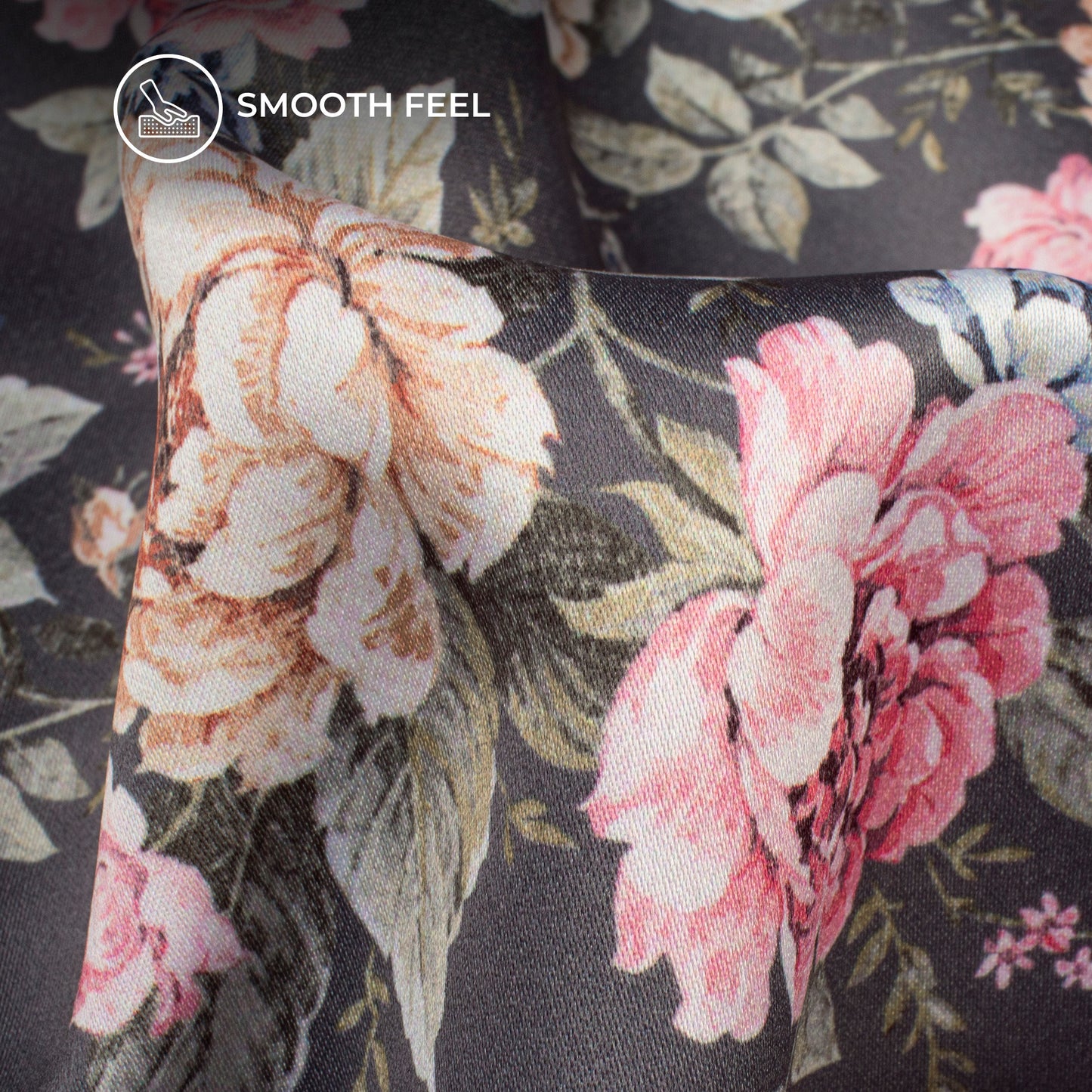 Pewter Grey Floral Digital Print Charmeuse Satin Fabric (Width 58 Inches)