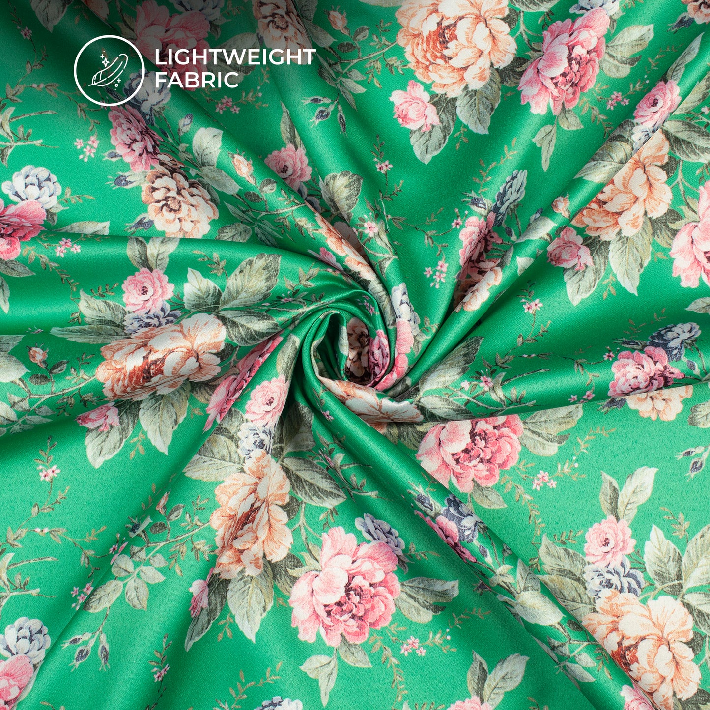 Cool Green Floral Digital Print Charmeuse Satin Fabric (Width 58 Inches)