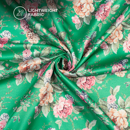 Cool Green Floral Digital Print Charmeuse Satin Fabric (Width 58 Inches)