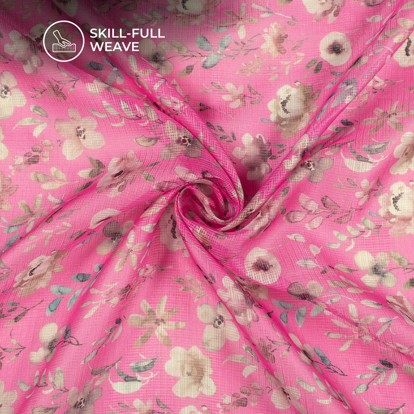 Hot Pink Floral Digital Print Kota Doria Fabric