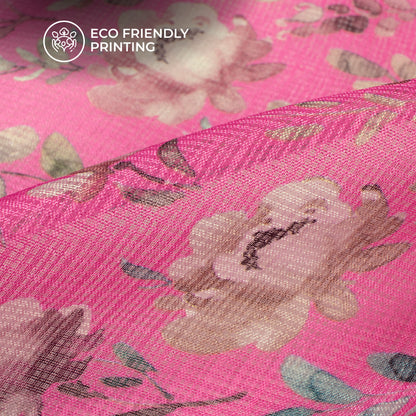 Hot Pink Floral Digital Print Kota Doria Fabric