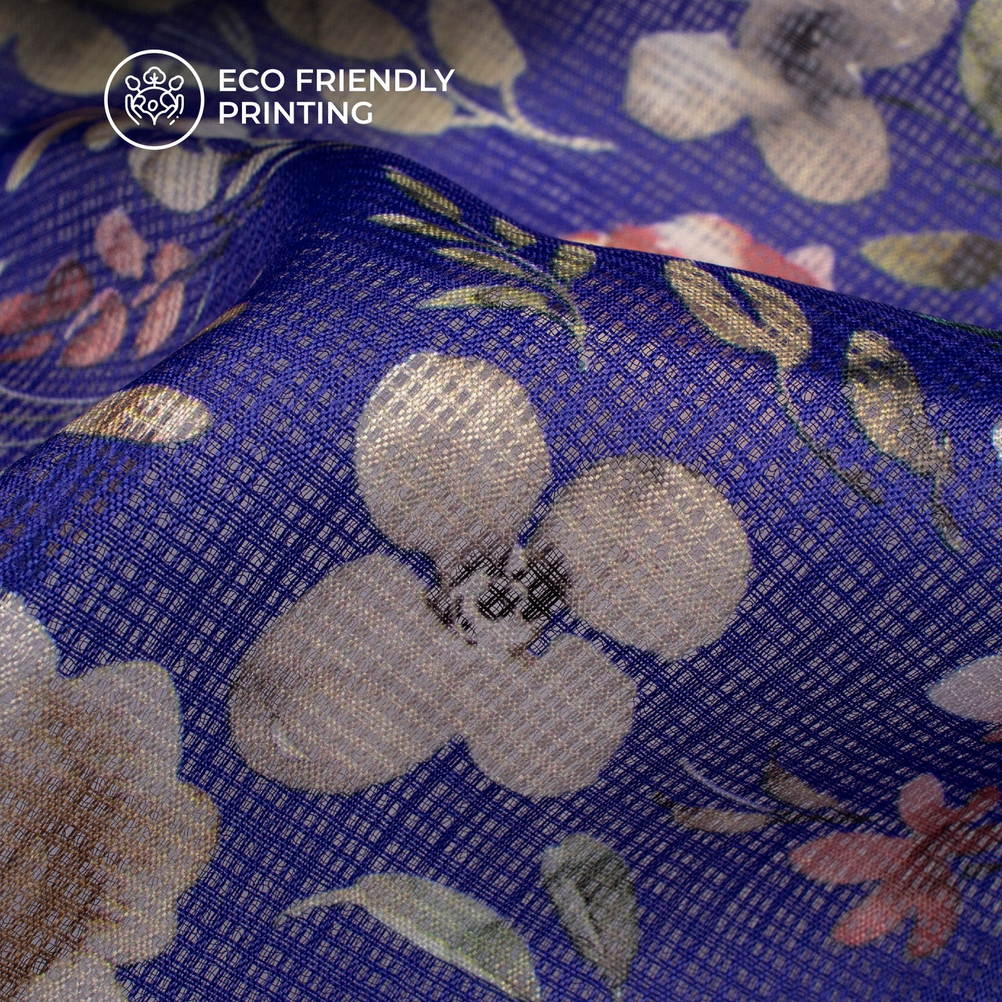 Royal Blue Floral Digital Print Kota Doria Fabric