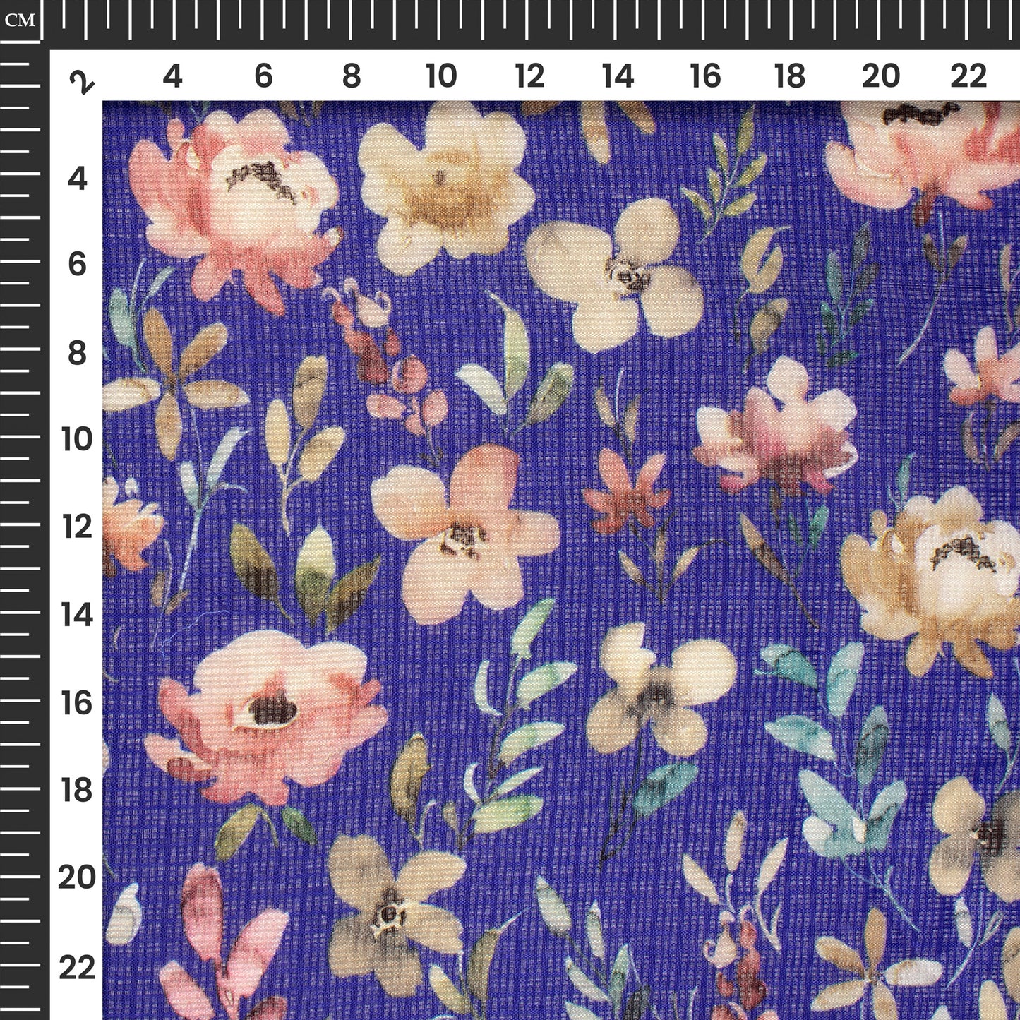 Royal Blue Floral Digital Print Kota Doria Fabric