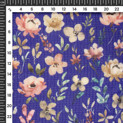 Royal Blue Floral Digital Print Kota Doria Fabric