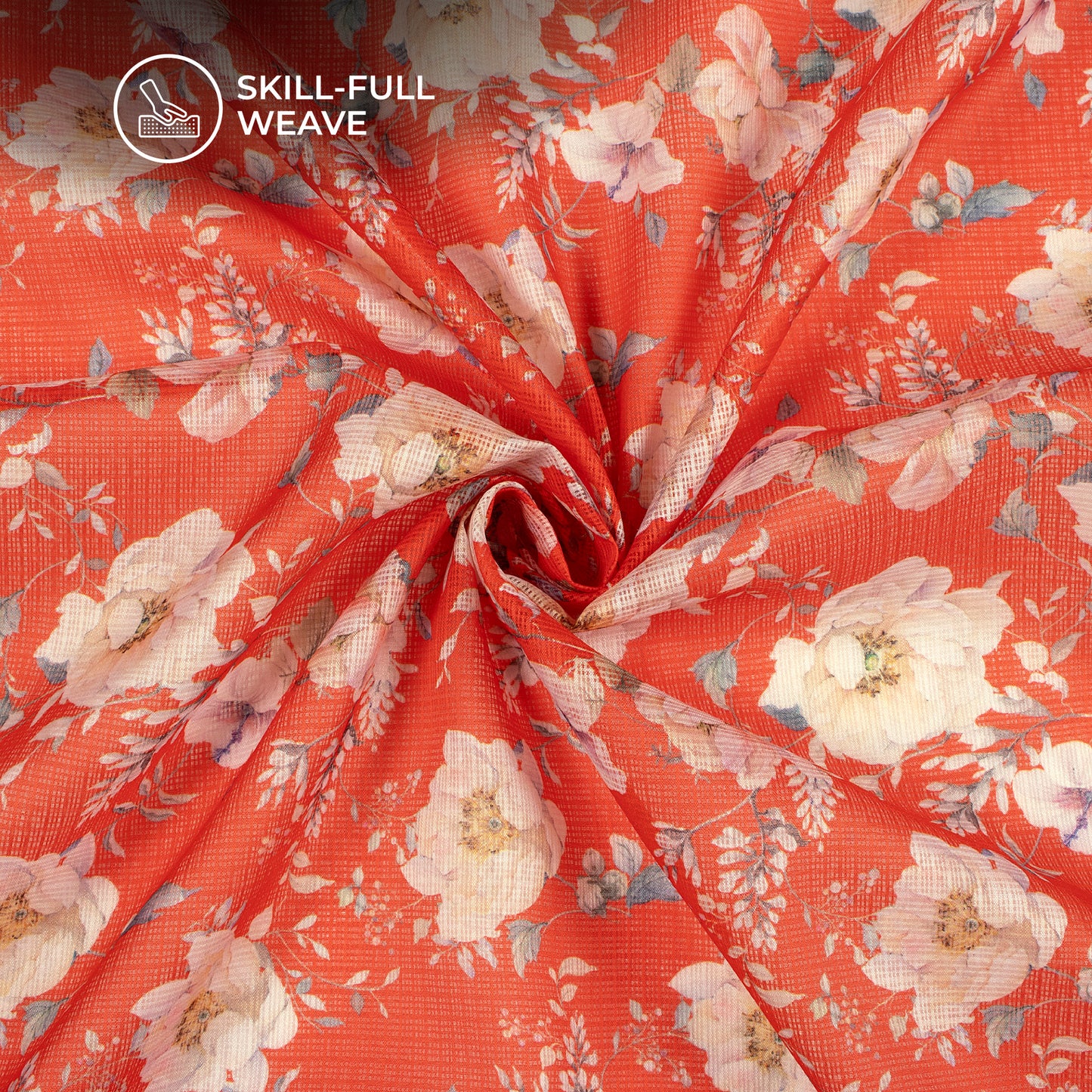 Rose Red Floral Digital Print Kota Doria Fabric