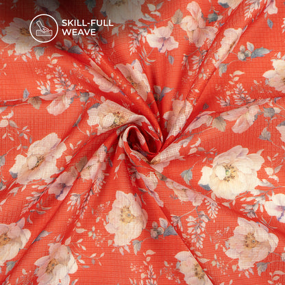 Rose Red Floral Digital Print Kota Doria Fabric