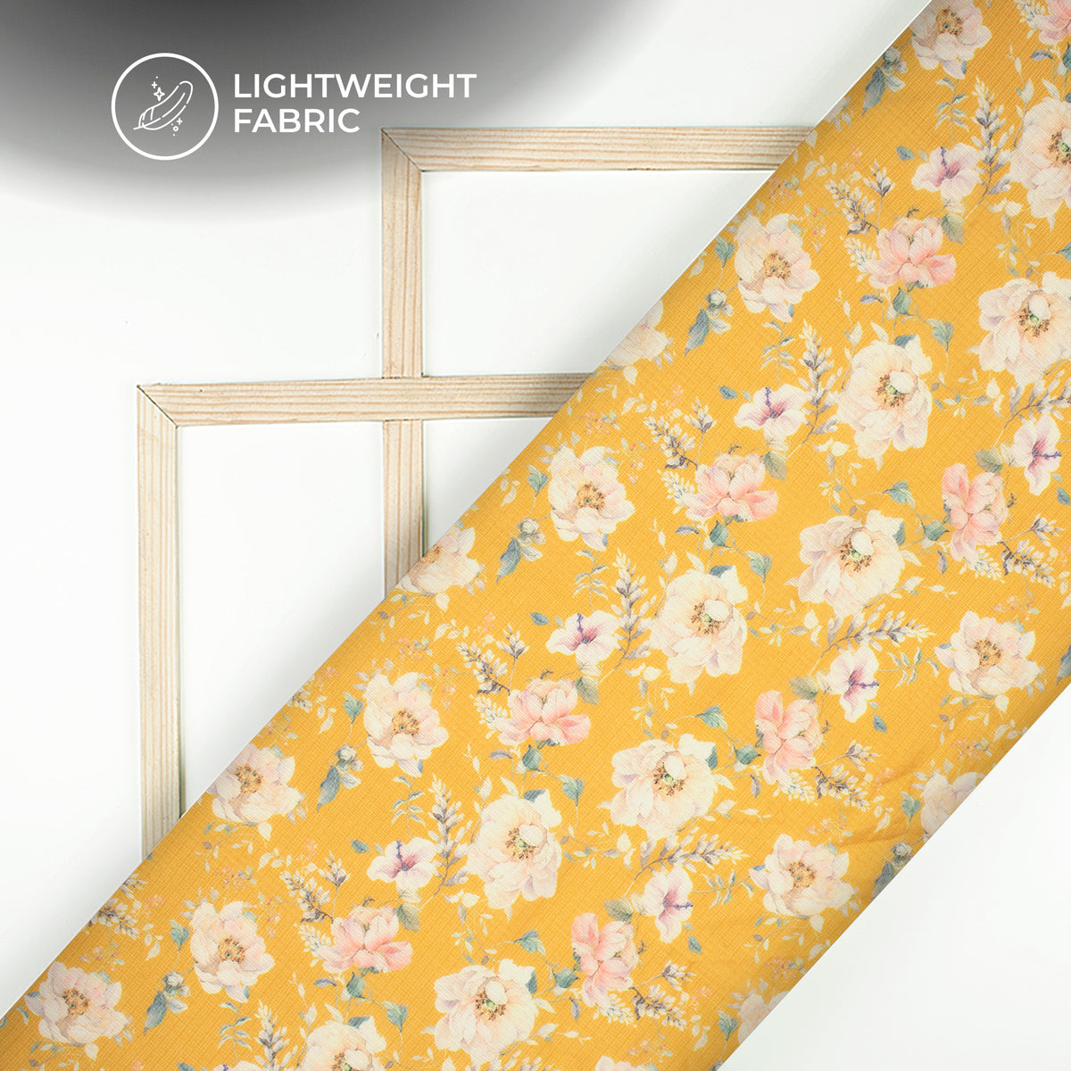 Amber Yellow Floral Digital Print Kota Doria Fabric
