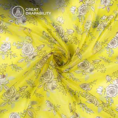 Lemon Yellow Floral Digital Print Organza Satin Fabric