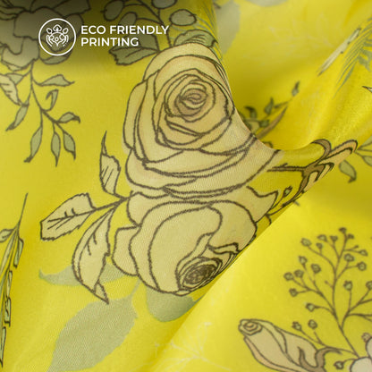 Lemon Yellow Floral Digital Print Organza Satin Fabric