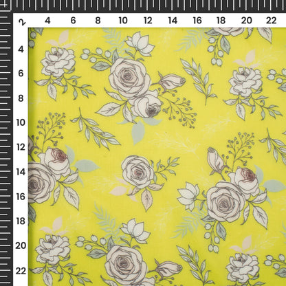 Lemon Yellow Floral Digital Print Organza Satin Fabric