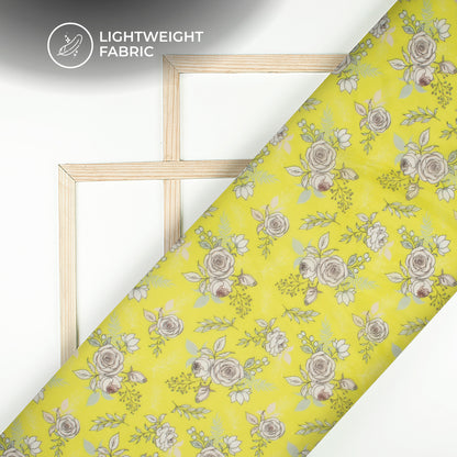 Lemon Yellow Floral Digital Print Organza Satin Fabric