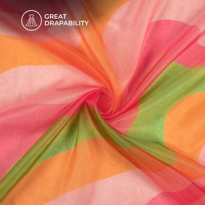 Forest Green Leheriya Digital Print Organza Satin Fabric