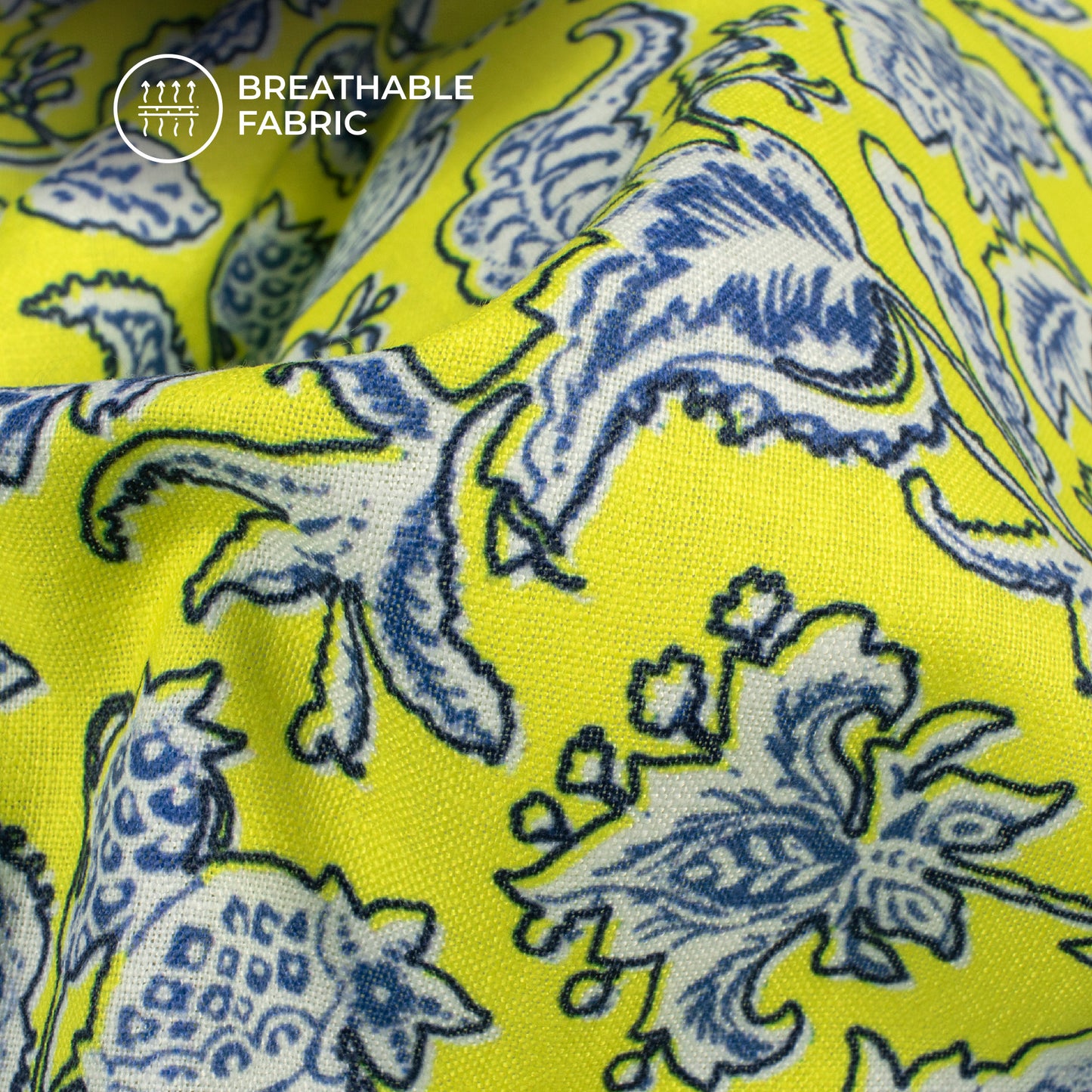 Chartreuse Yellow Floral Digital Print Linen Textured Fabric (Width 56 Inches)